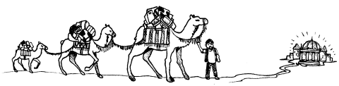 Illo of Steve leading a camel train to the Trafford Centre